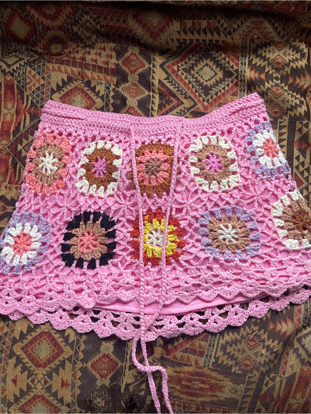 India Boutique Pink Crochet Floral Patchwork Mini Skirt